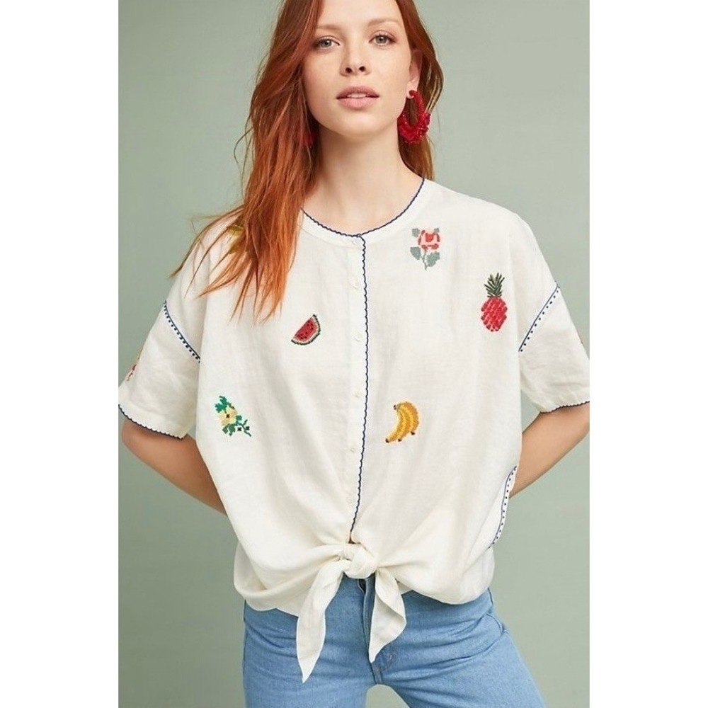 NWT!! Anthropologie INTROPIA Linen Fruit Embroidered Top Tie Waist White Large